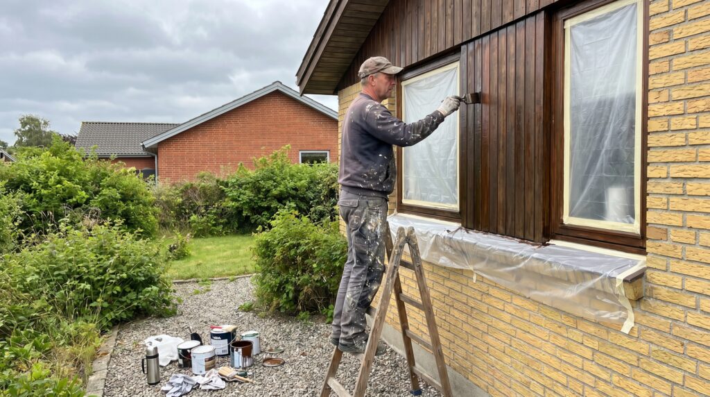 overlap-maling-trae, paint_wood, work, mixed, maling,træ,facade,træværk,overfladebehandling,lak,olie,terrasse,beklædning, Maler arbejder på facade eller træværk med afdækning og stige., ved udvendig træbeklædning og vindueskarme., dansk bolig, håndværk, renovering, vedligeholdelse, pris, tilbud, paint_wood, work, mixed, maling,træ,facade,træværk,overfladebehandling,lak,olie,terrasse,beklædning