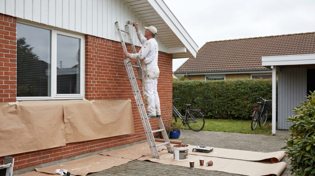 overlap-maling-trae, paint_wood, work, mixed, maling,træ,facade,træværk,overfladebehandling,lak,olie,terrasse,beklædning, Maler arbejder på facade eller træværk med afdækning og stige., med almindelig arbejdsorden og naturligt dagslys., dansk bolig, håndværk, renovering, vedligeholdelse, pris, tilbud, paint_wood, work, mixed, maling,træ,facade,træværk,overfladebehandling,lak,olie,terrasse,beklædning