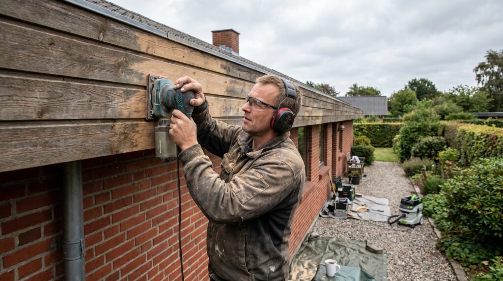 overlap-maling-trae, paint_wood, work, mixed, maling,træ,facade,træværk,overfladebehandling,lak,olie,terrasse,beklædning, Håndværker sliber udvendigt træværk før overfladebehandling., på et dansk parcelhus., dansk bolig, håndværk, renovering, vedligeholdelse, pris, tilbud, paint_wood, work, mixed, maling,træ,facade,træværk,overfladebehandling,lak,olie,terrasse,beklædning