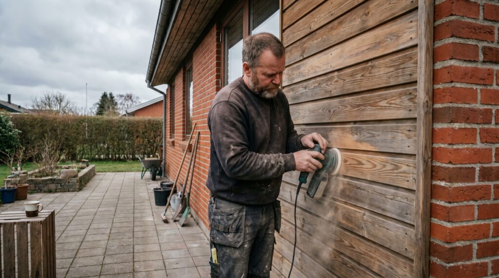 overlap-maling-trae, paint_wood, work, mixed, maling,træ,facade,træværk,overfladebehandling,lak,olie,terrasse,beklædning, Håndværker sliber udvendigt træværk før overfladebehandling., ved en terrasse eller havefacade., dansk bolig, håndværk, renovering, vedligeholdelse, pris, tilbud, paint_wood, work, mixed, maling,træ,facade,træværk,overfladebehandling,lak,olie,terrasse,beklædning