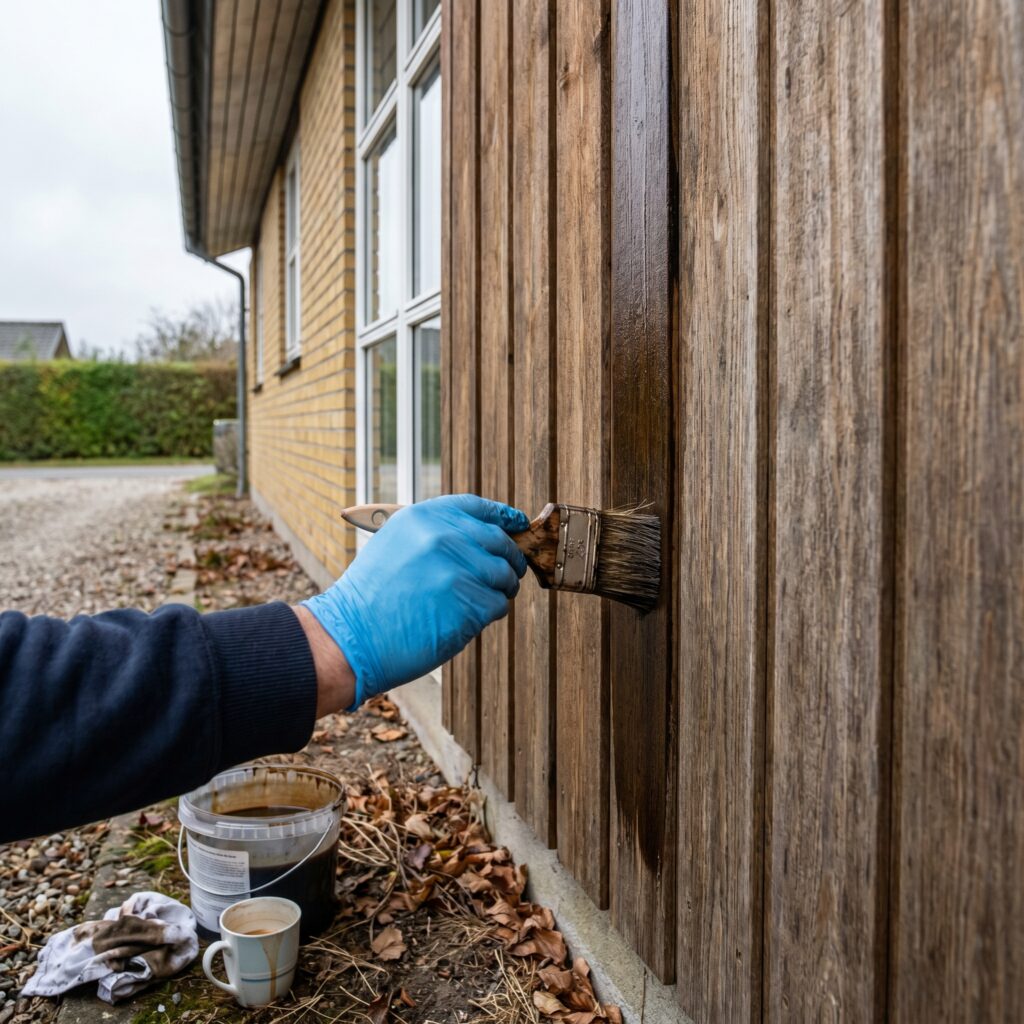overlap-maling-trae, paint_wood, detail, mixed, maling,træ,facade,træværk,overfladebehandling,lak,olie,terrasse,beklædning, Nærbillede af pensel med træbeskyttelse på udvendigt træværk., på et dansk parcelhus., dansk bolig, håndværk, renovering, vedligeholdelse, pris, tilbud, paint_wood, detail, mixed, maling,træ,facade,træværk,overfladebehandling,lak,olie,terrasse,beklædning