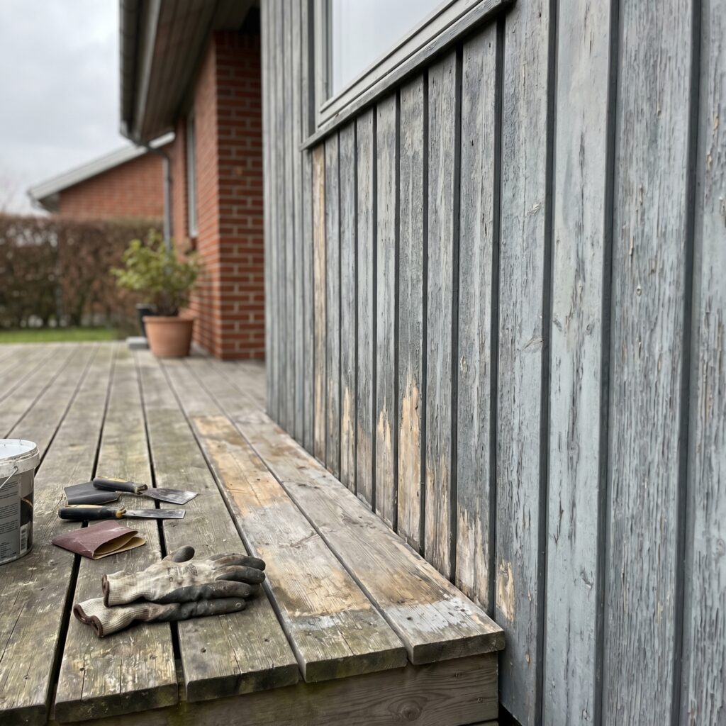 overlap-maling-trae, paint_wood, detail, mixed, maling,træ,facade,træværk,overfladebehandling,lak,olie,terrasse,beklædning, Nærbillede af slidt træbeklædning før maling eller oliebehandling., ved en terrasse eller havefacade., dansk bolig, håndværk, renovering, vedligeholdelse, pris, tilbud, paint_wood, detail, mixed, maling,træ,facade,træværk,overfladebehandling,lak,olie,terrasse,beklædning
