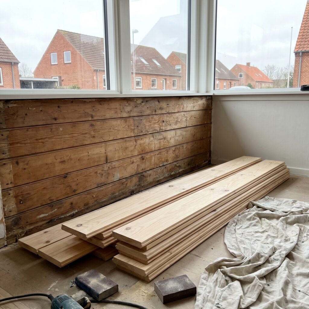 overlap-maling-trae, paint_wood, detail, mixed, maling,træ,facade,træværk,overfladebehandling,lak,olie,terrasse,beklædning, Nærbillede af slidt træbeklædning før maling eller oliebehandling., i en lys stue eller entré., dansk bolig, håndværk, renovering, vedligeholdelse, pris, tilbud, paint_wood, detail, mixed, maling,træ,facade,træværk,overfladebehandling,lak,olie,terrasse,beklædning