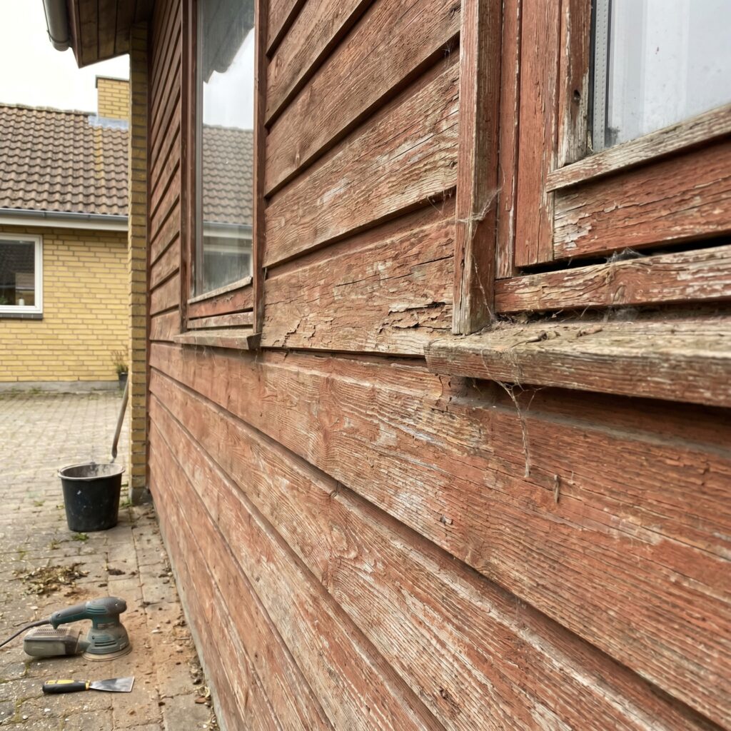 overlap-maling-trae, paint_wood, detail, mixed, maling,træ,facade,træværk,overfladebehandling,lak,olie,terrasse,beklædning, Nærbillede af slidt træbeklædning før maling eller oliebehandling., ved udvendig træbeklædning og vindueskarme., dansk bolig, håndværk, renovering, vedligeholdelse, pris, tilbud, paint_wood, detail, mixed, maling,træ,facade,træværk,overfladebehandling,lak,olie,terrasse,beklædning
