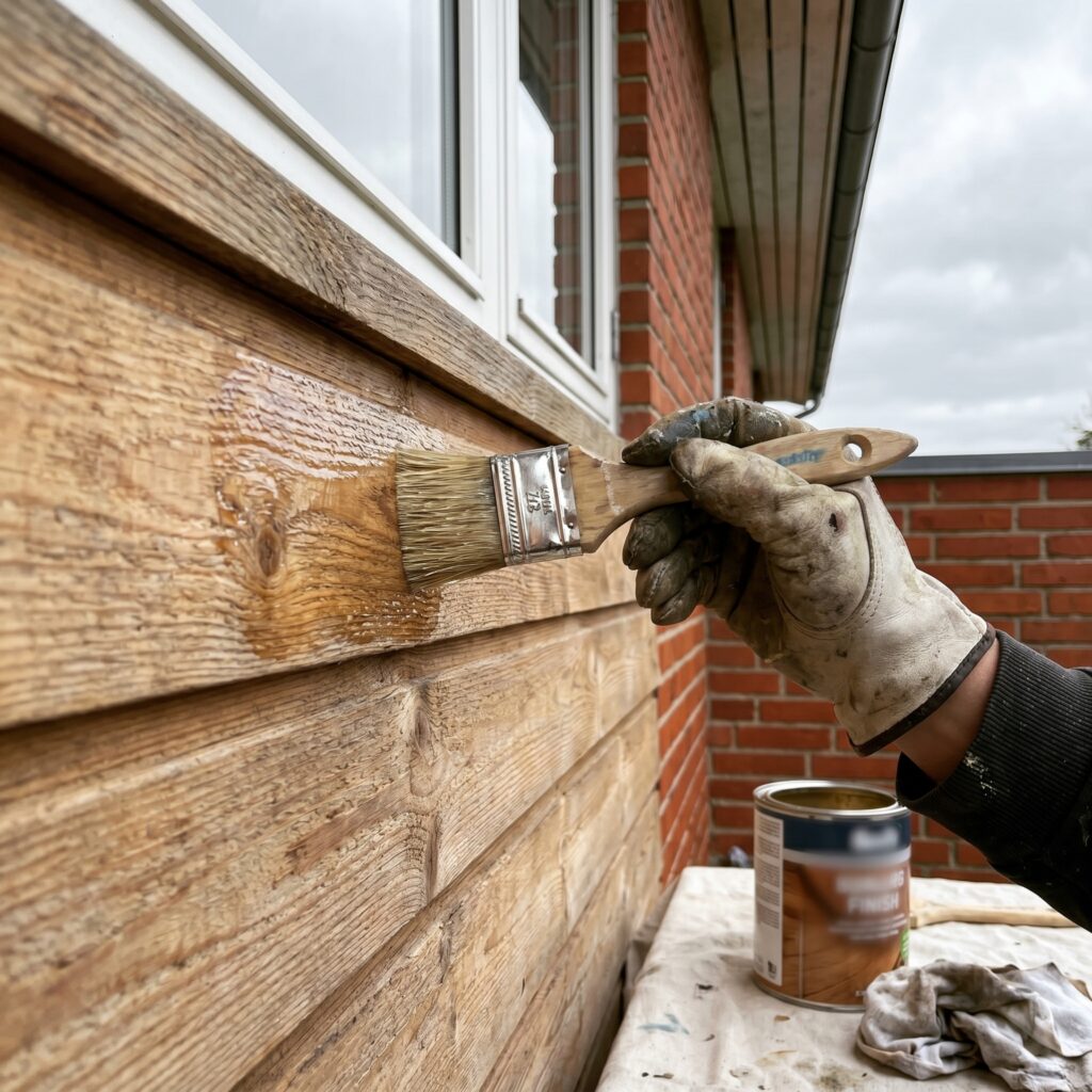 overlap-maling-trae, paint_wood, detail, mixed, maling,træ,facade,træværk,overfladebehandling,lak,olie,terrasse,beklædning, Detalje af lak eller olie der påføres træoverflade med naturlig struktur., på et dansk parcelhus., dansk bolig, håndværk, renovering, vedligeholdelse, pris, tilbud, paint_wood, detail, mixed, maling,træ,facade,træværk,overfladebehandling,lak,olie,terrasse,beklædning