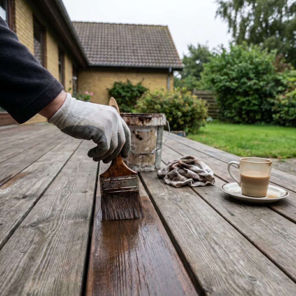 overlap-maling-trae, paint_wood, detail, mixed, maling,træ,facade,træværk,overfladebehandling,lak,olie,terrasse,beklædning, Nærbillede af pensel med træbeskyttelse på udvendigt træværk., ved en terrasse eller havefacade., dansk bolig, håndværk, renovering, vedligeholdelse, pris, tilbud, paint_wood, detail, mixed, maling,træ,facade,træværk,overfladebehandling,lak,olie,terrasse,beklædning