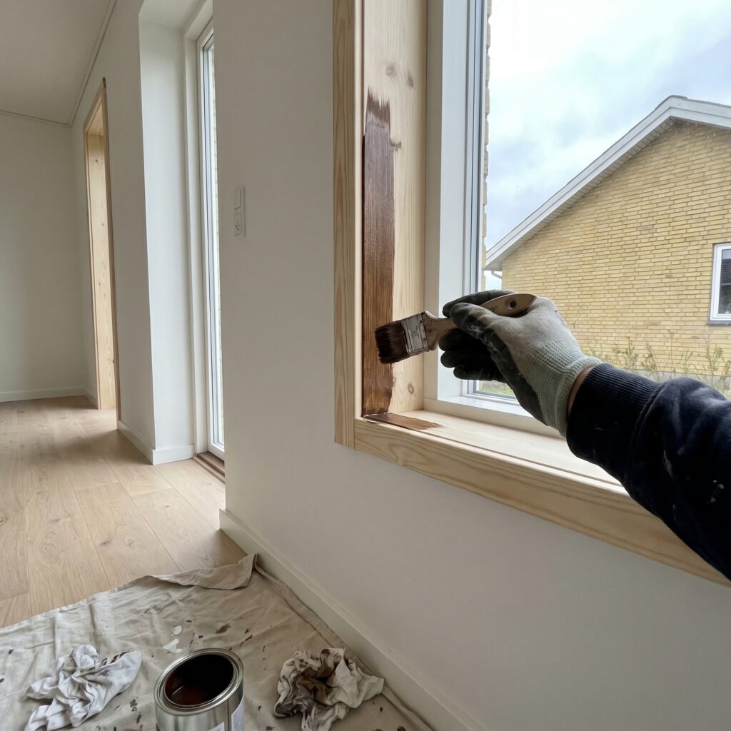 overlap-maling-trae, paint_wood, detail, mixed, maling,træ,facade,træværk,overfladebehandling,lak,olie,terrasse,beklædning, Nærbillede af pensel med træbeskyttelse på udvendigt træværk., i en lys stue eller entré., dansk bolig, håndværk, renovering, vedligeholdelse, pris, tilbud, paint_wood, detail, mixed, maling,træ,facade,træværk,overfladebehandling,lak,olie,terrasse,beklædning