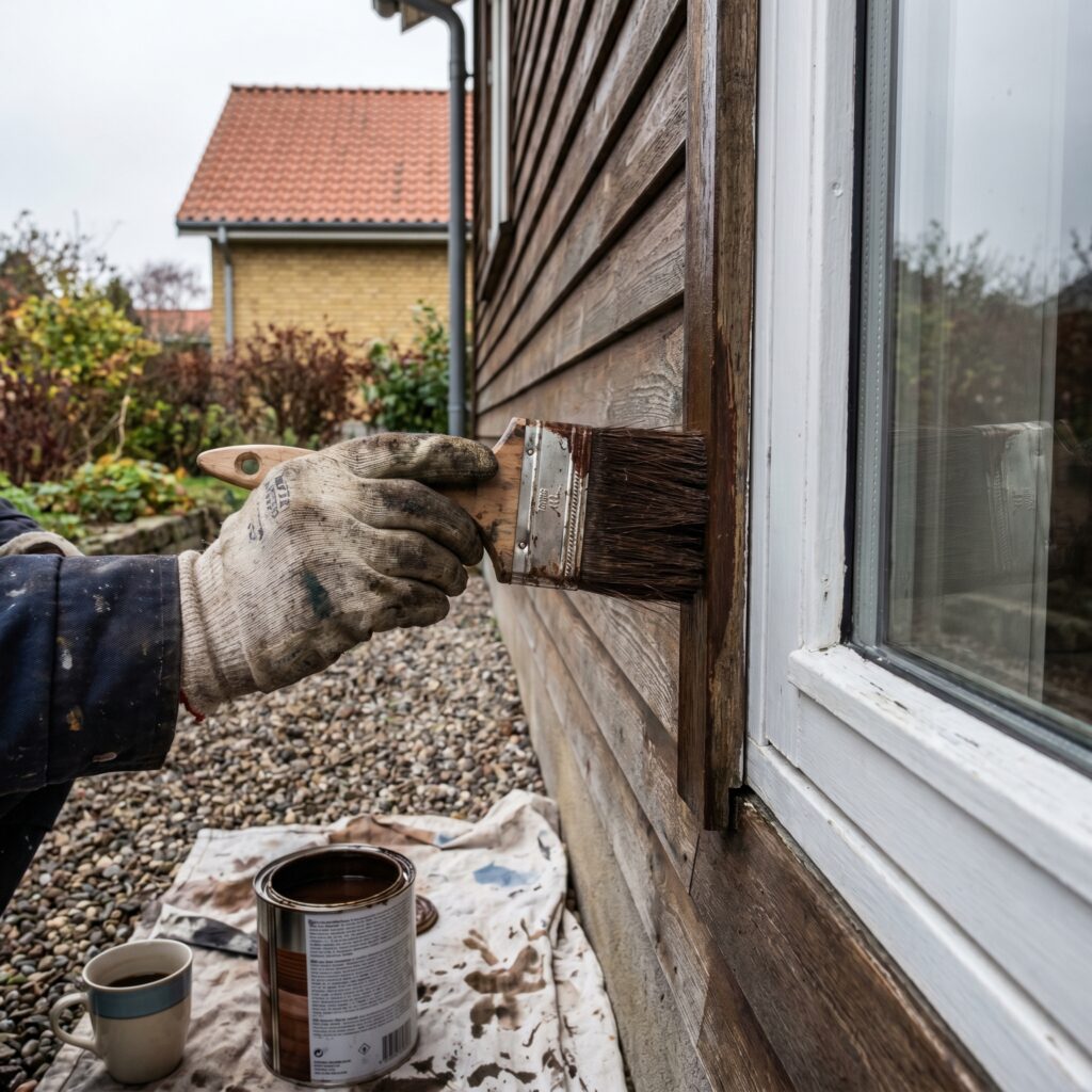 overlap-maling-trae, paint_wood, detail, mixed, maling,træ,facade,træværk,overfladebehandling,lak,olie,terrasse,beklædning, Nærbillede af pensel med træbeskyttelse på udvendigt træværk., ved udvendig træbeklædning og vindueskarme., dansk bolig, håndværk, renovering, vedligeholdelse, pris, tilbud, paint_wood, detail, mixed, maling,træ,facade,træværk,overfladebehandling,lak,olie,terrasse,beklædning