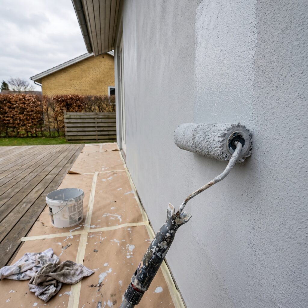 overlap-maling-trae, paint_wood, detail, mixed, maling,træ,facade,træværk,overfladebehandling,lak,olie,terrasse,beklædning, Detalje af malerrulle på pudset væg med afdækket gulv., ved en terrasse eller havefacade., dansk bolig, håndværk, renovering, vedligeholdelse, pris, tilbud, paint_wood, detail, mixed, maling,træ,facade,træværk,overfladebehandling,lak,olie,terrasse,beklædning