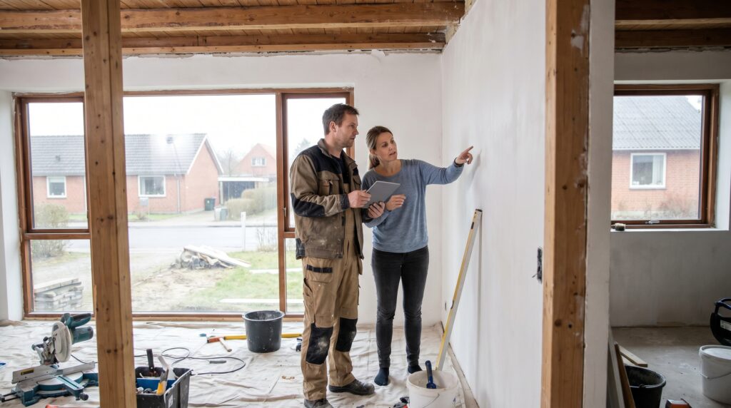 overlap-generelt, planning_result, work, mixed, planlægning,resultat,materialer,tilbud,byggeprojekt,renovering,håndværker,boligejer, Håndværker og boligejer gennemgår et projekt i dansk hjem uden synlige dokumenttekster., på en lille renoveringsplads med realistisk orden., dansk bolig, håndværk, renovering, vedligeholdelse, pris, tilbud, planning_result, work, mixed, planlægning,resultat,materialer,tilbud,byggeprojekt,renovering,håndværker,boligejer