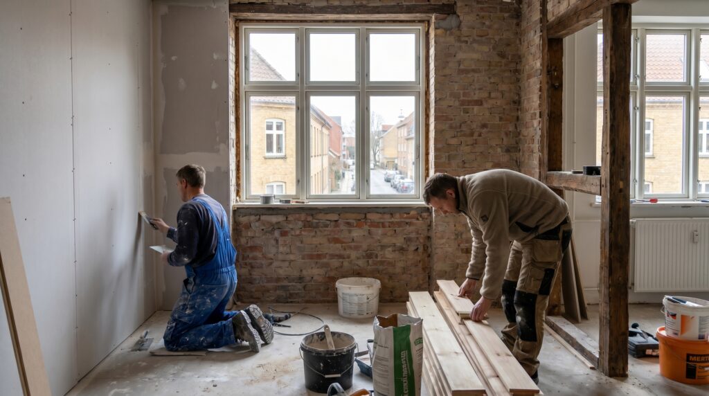 overlap-generelt, planning_result, work, mixed, planlægning,resultat,materialer,tilbud,byggeprojekt,renovering,håndværker,boligejer, To fagpersoner arbejder roligt i et halvfærdigt rum med almindelige materialer., i en ældre lejlighed., dansk bolig, håndværk, renovering, vedligeholdelse, pris, tilbud, planning_result, work, mixed, planlægning,resultat,materialer,tilbud,byggeprojekt,renovering,håndværker,boligejer