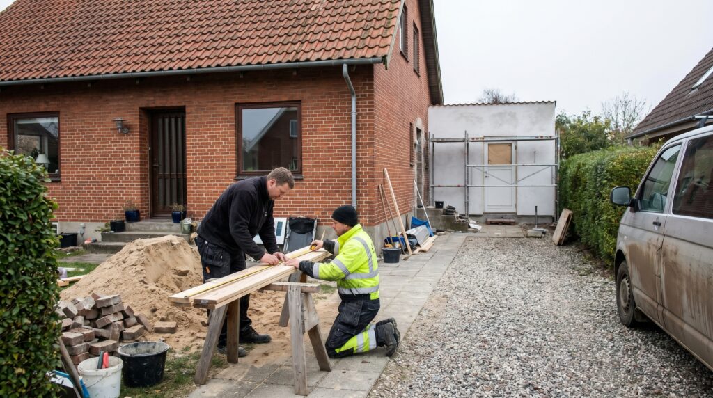 overlap-generelt, planning_result, work, mixed, planlægning,resultat,materialer,tilbud,byggeprojekt,renovering,håndværker,boligejer, To fagpersoner arbejder roligt i et halvfærdigt rum med almindelige materialer., ved en forhave eller indkørsel., dansk bolig, håndværk, renovering, vedligeholdelse, pris, tilbud, planning_result, work, mixed, planlægning,resultat,materialer,tilbud,byggeprojekt,renovering,håndværker,boligejer