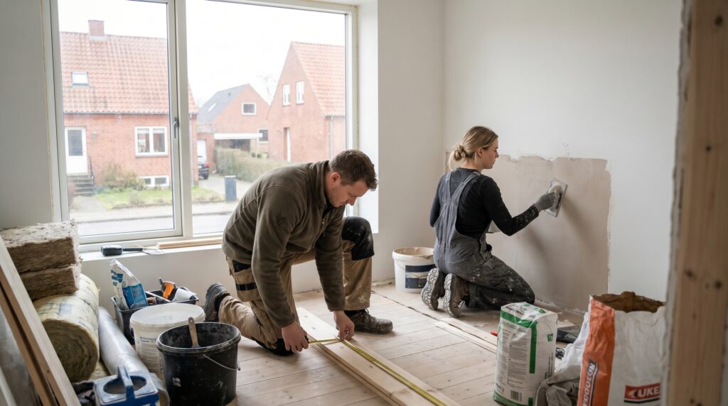 overlap-generelt, planning_result, work, mixed, planlægning,resultat,materialer,tilbud,byggeprojekt,renovering,håndværker,boligejer, To fagpersoner arbejder roligt i et halvfærdigt rum med almindelige materialer., i et lyst skandinavisk rum., dansk bolig, håndværk, renovering, vedligeholdelse, pris, tilbud, planning_result, work, mixed, planlægning,resultat,materialer,tilbud,byggeprojekt,renovering,håndværker,boligejer