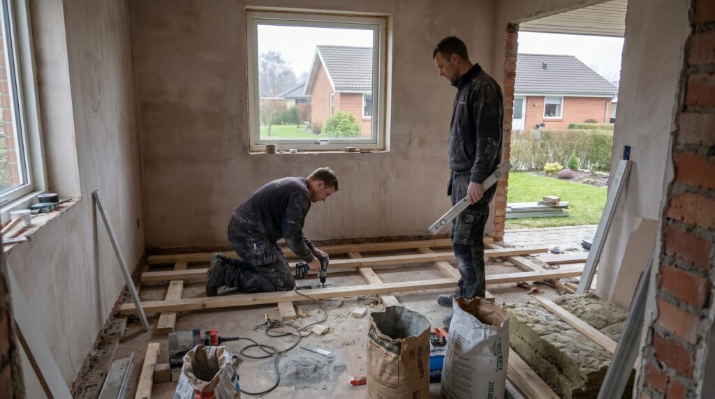 overlap-generelt, planning_result, work, mixed, planlægning,resultat,materialer,tilbud,byggeprojekt,renovering,håndværker,boligejer, To fagpersoner arbejder roligt i et halvfærdigt rum med almindelige materialer., på en lille renoveringsplads med realistisk orden., dansk bolig, håndværk, renovering, vedligeholdelse, pris, tilbud, planning_result, work, mixed, planlægning,resultat,materialer,tilbud,byggeprojekt,renovering,håndværker,boligejer