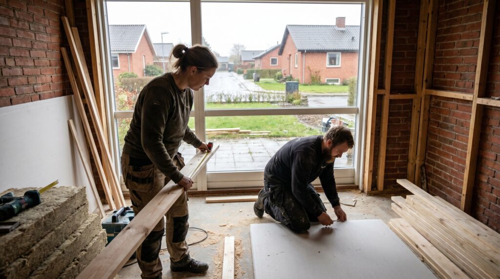 overlap-generelt, planning_result, work, mixed, planlægning,resultat,materialer,tilbud,byggeprojekt,renovering,håndværker,boligejer, To fagpersoner arbejder roligt i et halvfærdigt rum med almindelige materialer., med almindelige danske byggematerialer., dansk bolig, håndværk, renovering, vedligeholdelse, pris, tilbud, planning_result, work, mixed, planlægning,resultat,materialer,tilbud,byggeprojekt,renovering,håndværker,boligejer