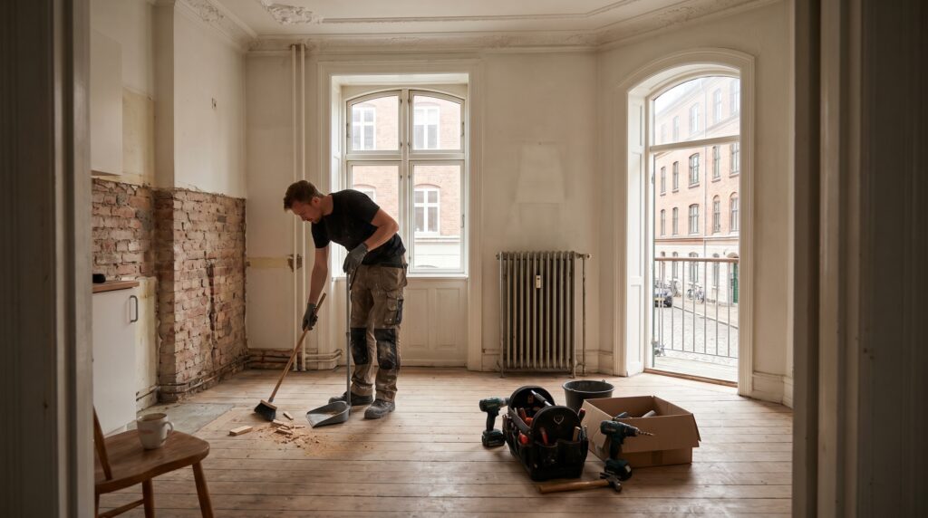 overlap-generelt, planning_result, work, mixed, planlægning,resultat,materialer,tilbud,byggeprojekt,renovering,håndværker,boligejer, Håndværker rydder op efter mindre renoveringsopgave i dansk bolig., i en ældre lejlighed., dansk bolig, håndværk, renovering, vedligeholdelse, pris, tilbud, planning_result, work, mixed, planlægning,resultat,materialer,tilbud,byggeprojekt,renovering,håndværker,boligejer