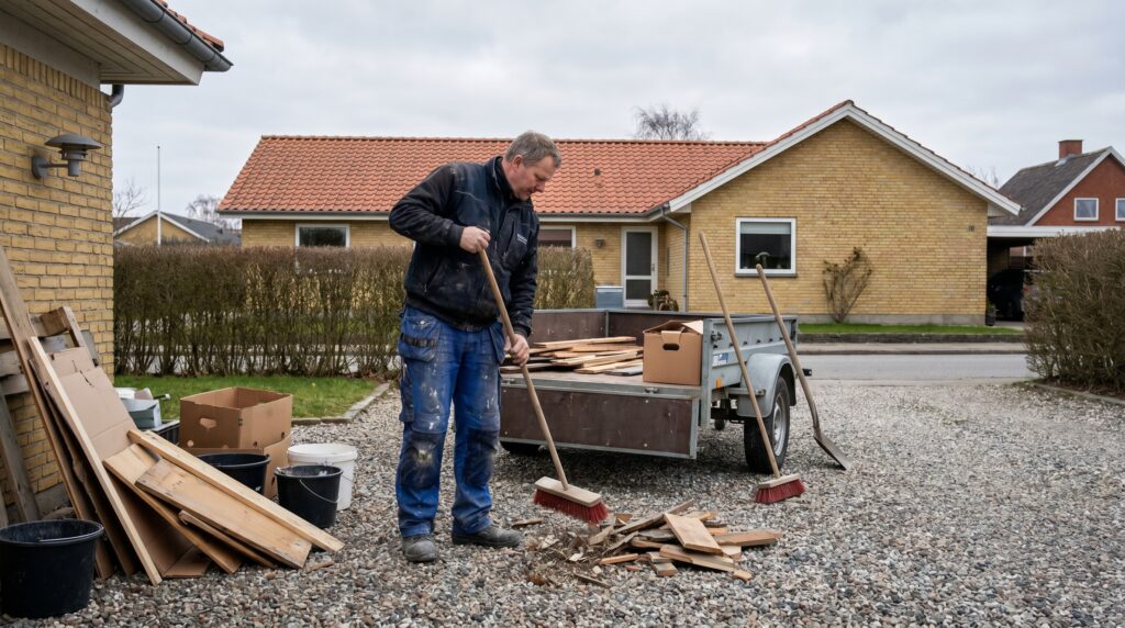 overlap-generelt, planning_result, work, mixed, planlægning,resultat,materialer,tilbud,byggeprojekt,renovering,håndværker,boligejer, Håndværker rydder op efter mindre renoveringsopgave i dansk bolig., ved en forhave eller indkørsel., dansk bolig, håndværk, renovering, vedligeholdelse, pris, tilbud, planning_result, work, mixed, planlægning,resultat,materialer,tilbud,byggeprojekt,renovering,håndværker,boligejer