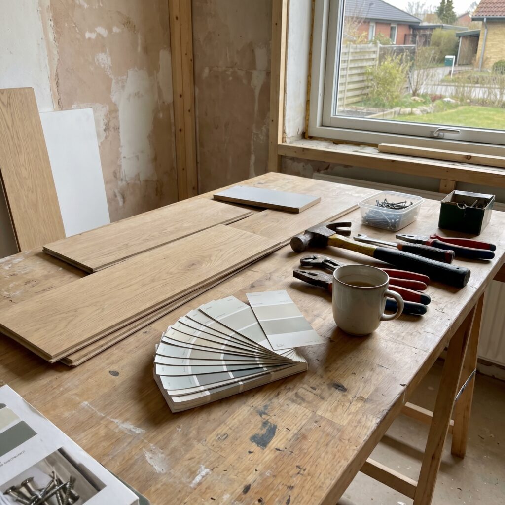 overlap-generelt, planning_result, detail, mixed, planlægning,resultat,materialer,tilbud,byggeprojekt,renovering,håndværker,boligejer, Detalje af byggematerialer, værktøj og prøver på et arbejdsbord uden tekst., i et dansk parcelhus., dansk bolig, håndværk, renovering, vedligeholdelse, pris, tilbud, planning_result, detail, mixed, planlægning,resultat,materialer,tilbud,byggeprojekt,renovering,håndværker,boligejer
