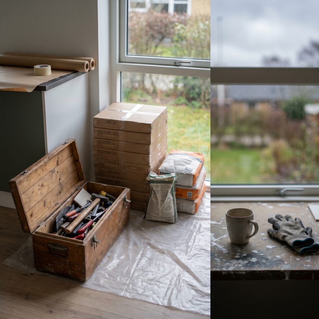 overlap-generelt, planning_result, detail, mixed, planlægning,resultat,materialer,tilbud,byggeprojekt,renovering,håndværker,boligejer, Detalje af afdækning, værktøjskasse og materialer klar til renovering., i et dansk parcelhus., dansk bolig, håndværk, renovering, vedligeholdelse, pris, tilbud, planning_result, detail, mixed, planlægning,resultat,materialer,tilbud,byggeprojekt,renovering,håndværker,boligejer