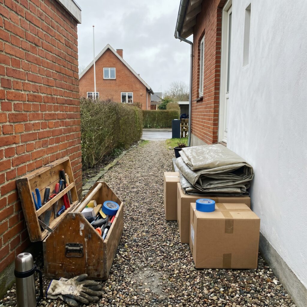 overlap-generelt, planning_result, detail, mixed, planlægning,resultat,materialer,tilbud,byggeprojekt,renovering,håndværker,boligejer, Detalje af afdækning, værktøjskasse og materialer klar til renovering., på en lille renoveringsplads med realistisk orden., dansk bolig, håndværk, renovering, vedligeholdelse, pris, tilbud, planning_result, detail, mixed, planlægning,resultat,materialer,tilbud,byggeprojekt,renovering,håndværker,boligejer