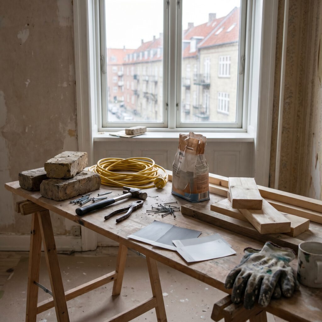 overlap-generelt, planning_result, detail, mixed, planlægning,resultat,materialer,tilbud,byggeprojekt,renovering,håndværker,boligejer, Detalje af byggematerialer, værktøj og prøver på et arbejdsbord uden tekst., i en ældre lejlighed., dansk bolig, håndværk, renovering, vedligeholdelse, pris, tilbud, planning_result, detail, mixed, planlægning,resultat,materialer,tilbud,byggeprojekt,renovering,håndværker,boligejer