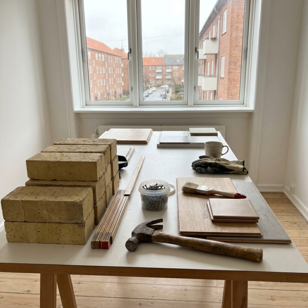 overlap-generelt, planning_result, detail, mixed, planlægning,resultat,materialer,tilbud,byggeprojekt,renovering,håndværker,boligejer, Detalje af byggematerialer, værktøj og prøver på et arbejdsbord uden tekst., i et lyst skandinavisk rum., dansk bolig, håndværk, renovering, vedligeholdelse, pris, tilbud, planning_result, detail, mixed, planlægning,resultat,materialer,tilbud,byggeprojekt,renovering,håndværker,boligejer