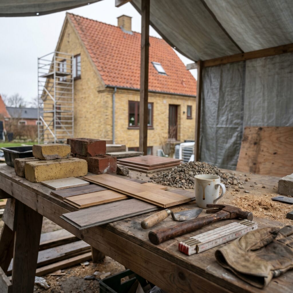 overlap-generelt, planning_result, detail, mixed, planlægning,resultat,materialer,tilbud,byggeprojekt,renovering,håndværker,boligejer, Detalje af byggematerialer, værktøj og prøver på et arbejdsbord uden tekst., på en lille renoveringsplads med realistisk orden., dansk bolig, håndværk, renovering, vedligeholdelse, pris, tilbud, planning_result, detail, mixed, planlægning,resultat,materialer,tilbud,byggeprojekt,renovering,håndværker,boligejer