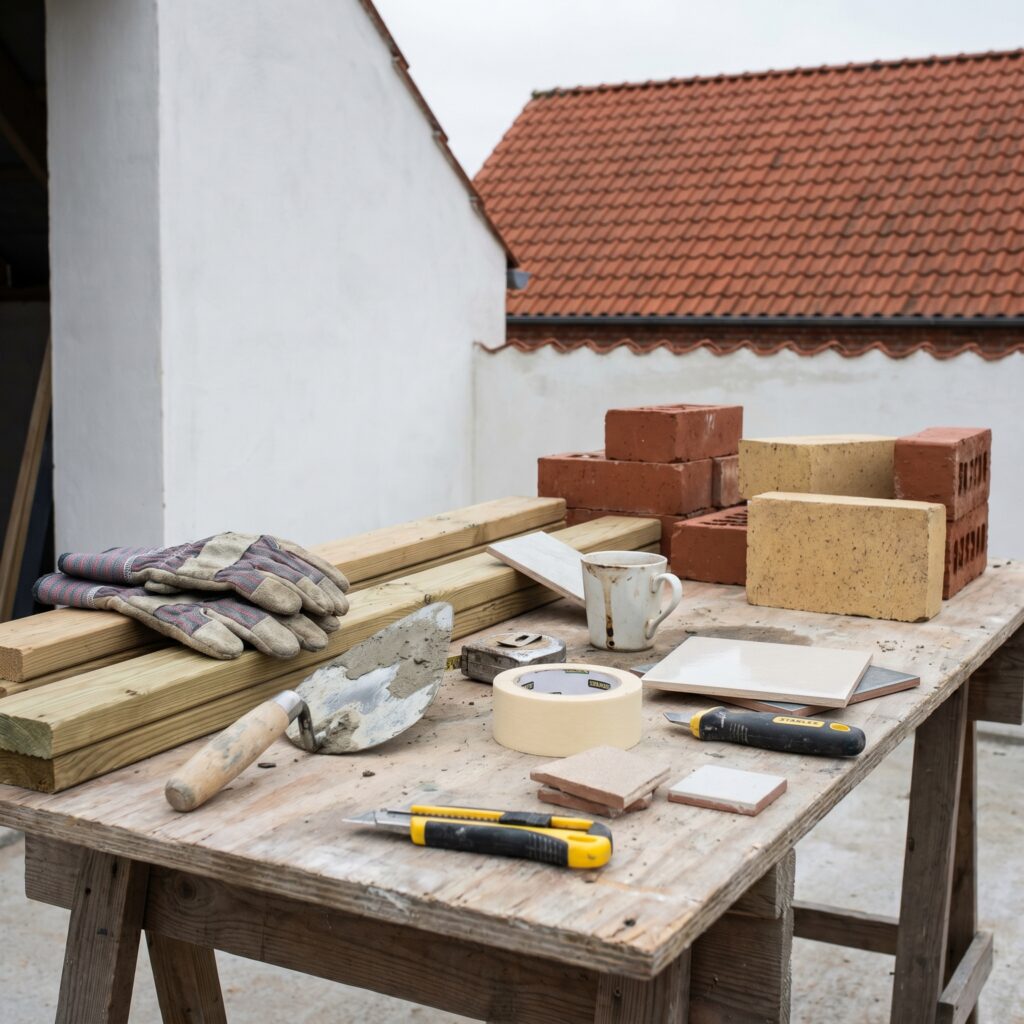 overlap-generelt, planning_result, detail, mixed, planlægning,resultat,materialer,tilbud,byggeprojekt,renovering,håndværker,boligejer, Detalje af byggematerialer, værktøj og prøver på et arbejdsbord uden tekst., med almindelige danske byggematerialer., dansk bolig, håndværk, renovering, vedligeholdelse, pris, tilbud, planning_result, detail, mixed, planlægning,resultat,materialer,tilbud,byggeprojekt,renovering,håndværker,boligejer