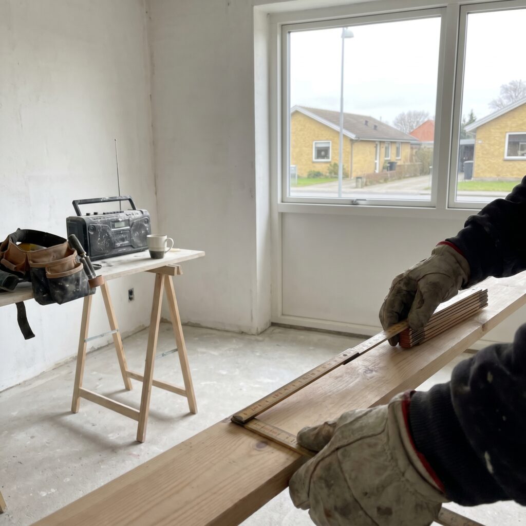 overlap-generelt, planning_result, detail, mixed, planlægning,resultat,materialer,tilbud,byggeprojekt,renovering,håndværker,boligejer, Nærbillede af hænder der måler med tommestok ved et boligprojekt., i et dansk parcelhus., dansk bolig, håndværk, renovering, vedligeholdelse, pris, tilbud, planning_result, detail, mixed, planlægning,resultat,materialer,tilbud,byggeprojekt,renovering,håndværker,boligejer