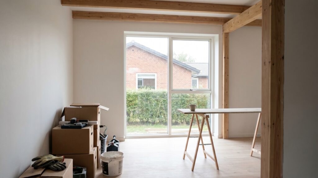 overlap-generelt, planning_result, result, mixed, planlægning,resultat,materialer,tilbud,byggeprojekt,renovering,håndværker,boligejer, Færdigrenoveret dansk rum med neutrale materialer og naturligt lys., i et dansk parcelhus., dansk bolig, håndværk, renovering, vedligeholdelse, pris, tilbud, planning_result, result, mixed, planlægning,resultat,materialer,tilbud,byggeprojekt,renovering,håndværker,boligejer