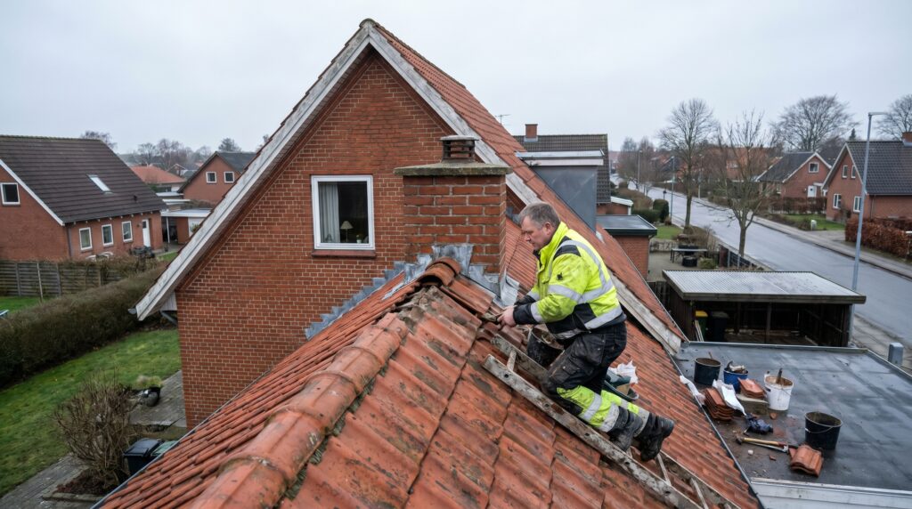 overlap-tag, roof_chimney, work, outdoor, tag,skorsten,tagrender,inddækning,tagsten,rygning,vedligehold,reparation, Tagdækker arbejder på rødt tegltag og reparerer område omkring skorsten., på et hus med kvist, tagrende og almindelig dansk taghældning., dansk bolig, håndværk, renovering, vedligeholdelse, pris, tilbud, roof_chimney, work, outdoor, tag,skorsten,tagrender,inddækning,tagsten,rygning,vedligehold,reparation