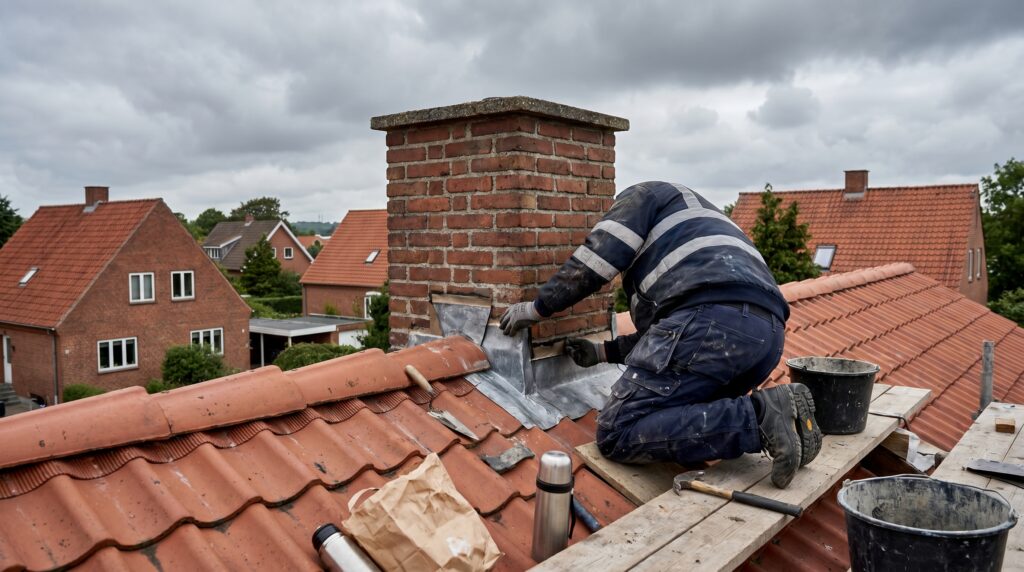 overlap-tag, roof_chimney, work, outdoor, tag,skorsten,tagrender,inddækning,tagsten,rygning,vedligehold,reparation, Tagdækker arbejder på rødt tegltag og reparerer område omkring skorsten., i overskyet skandinavisk dagslys., dansk bolig, håndværk, renovering, vedligeholdelse, pris, tilbud, roof_chimney, work, outdoor, tag,skorsten,tagrender,inddækning,tagsten,rygning,vedligehold,reparation