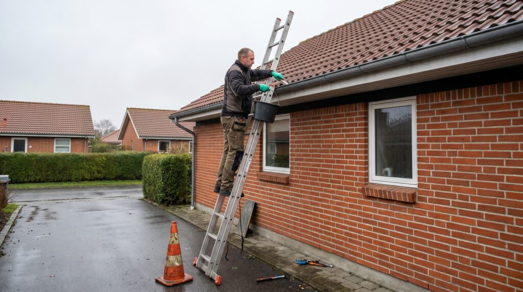 overlap-tag, roof_chimney, work, outdoor, tag,skorsten,tagrender,inddækning,tagsten,rygning,vedligehold,reparation, Håndværker renser tagrende på lavt dansk hus med stige og sikker afstand., på et rødt tegltag i et dansk villakvarter., dansk bolig, håndværk, renovering, vedligeholdelse, pris, tilbud, roof_chimney, work, outdoor, tag,skorsten,tagrender,inddækning,tagsten,rygning,vedligehold,reparation