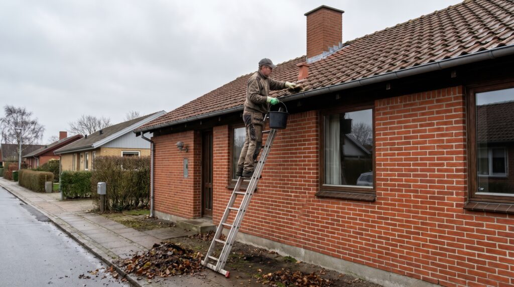 overlap-tag, roof_chimney, work, outdoor, tag,skorsten,tagrender,inddækning,tagsten,rygning,vedligehold,reparation, Håndværker renser tagrende på lavt dansk hus med stige og sikker afstand., på et ældre hus med muret skorsten., dansk bolig, håndværk, renovering, vedligeholdelse, pris, tilbud, roof_chimney, work, outdoor, tag,skorsten,tagrender,inddækning,tagsten,rygning,vedligehold,reparation