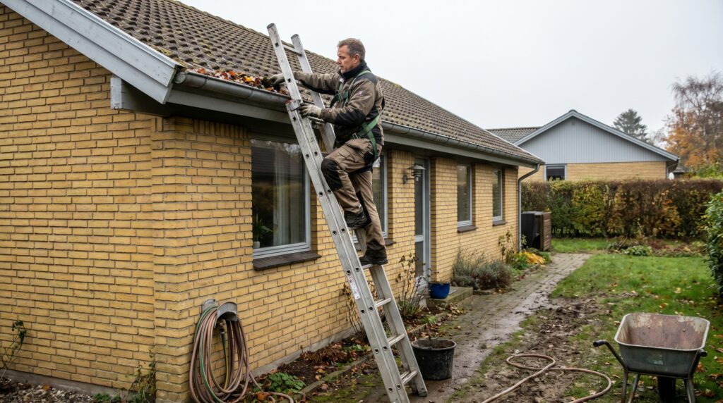 overlap-tag, roof_chimney, work, outdoor, tag,skorsten,tagrender,inddækning,tagsten,rygning,vedligehold,reparation, Håndværker renser tagrende på lavt dansk hus med stige og sikker afstand., på et lavt parcelhus hvor arbejdet kan ses fra haven., dansk bolig, håndværk, renovering, vedligeholdelse, pris, tilbud, roof_chimney, work, outdoor, tag,skorsten,tagrender,inddækning,tagsten,rygning,vedligehold,reparation