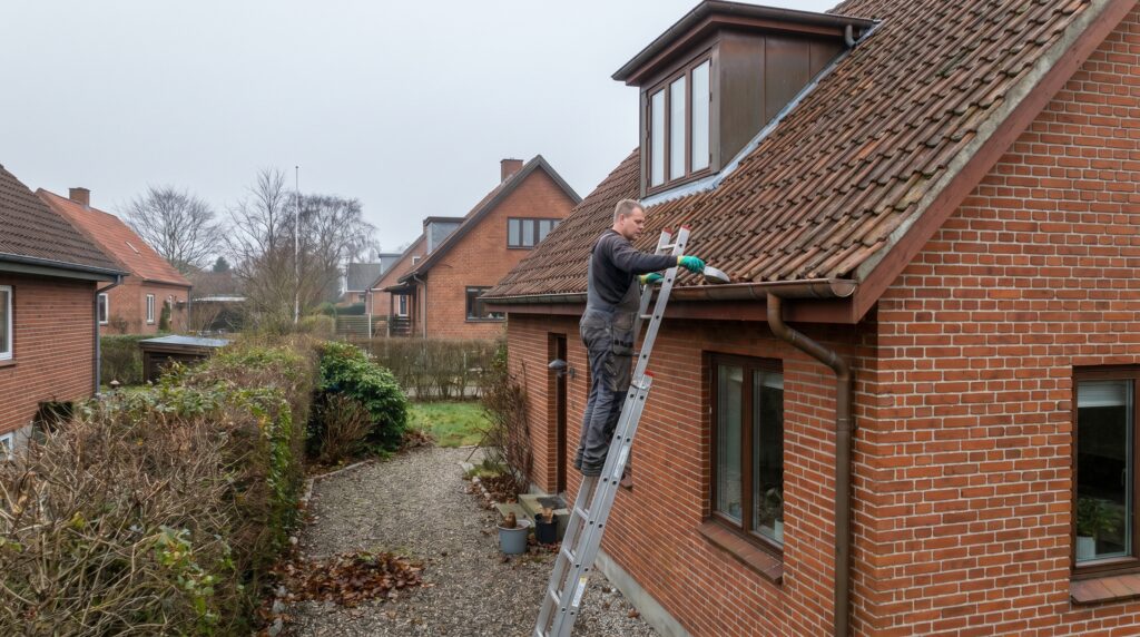 overlap-tag, roof_chimney, work, outdoor, tag,skorsten,tagrender,inddækning,tagsten,rygning,vedligehold,reparation, Håndværker renser tagrende på lavt dansk hus med stige og sikker afstand., på et hus med kvist, tagrende og almindelig dansk taghældning., dansk bolig, håndværk, renovering, vedligeholdelse, pris, tilbud, roof_chimney, work, outdoor, tag,skorsten,tagrender,inddækning,tagsten,rygning,vedligehold,reparation