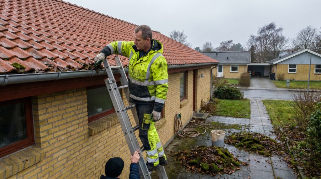 overlap-tag, roof_chimney, work, outdoor, tag,skorsten,tagrender,inddækning,tagsten,rygning,vedligehold,reparation, Håndværker renser tagrende på lavt dansk hus med stige og sikker afstand., i overskyet skandinavisk dagslys., dansk bolig, håndværk, renovering, vedligeholdelse, pris, tilbud, roof_chimney, work, outdoor, tag,skorsten,tagrender,inddækning,tagsten,rygning,vedligehold,reparation