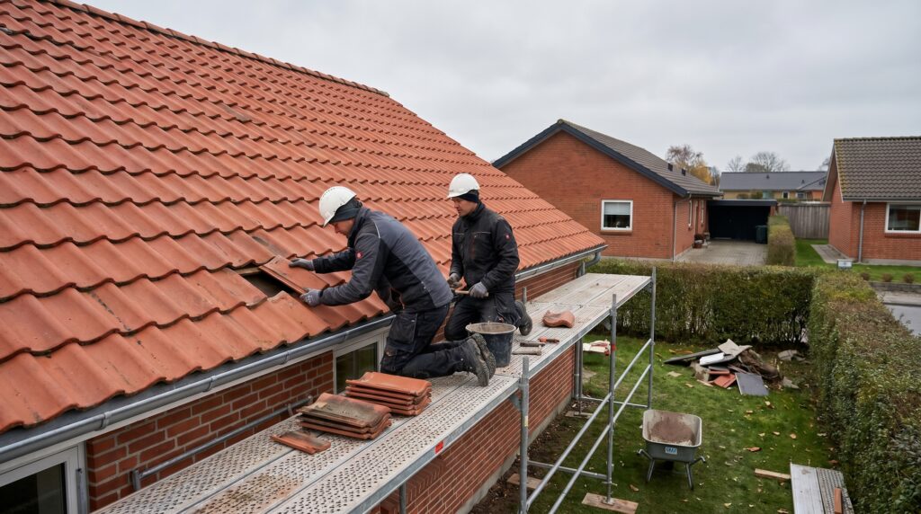 overlap-tag, roof_chimney, work, outdoor, tag,skorsten,tagrender,inddækning,tagsten,rygning,vedligehold,reparation, Tagarbejder udskifter enkelte tagsten på parcelhus i overskyet vejr., på et rødt tegltag i et dansk villakvarter., dansk bolig, håndværk, renovering, vedligeholdelse, pris, tilbud, roof_chimney, work, outdoor, tag,skorsten,tagrender,inddækning,tagsten,rygning,vedligehold,reparation