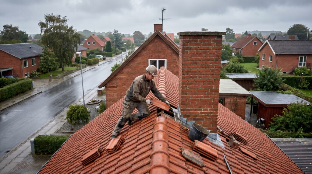 overlap-tag, roof_chimney, work, outdoor, tag,skorsten,tagrender,inddækning,tagsten,rygning,vedligehold,reparation, Tagarbejder udskifter enkelte tagsten på parcelhus i overskyet vejr., på et ældre hus med muret skorsten., dansk bolig, håndværk, renovering, vedligeholdelse, pris, tilbud, roof_chimney, work, outdoor, tag,skorsten,tagrender,inddækning,tagsten,rygning,vedligehold,reparation