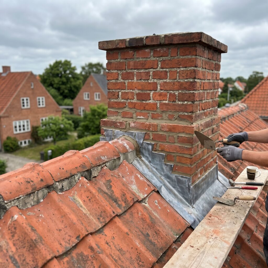 overlap-tag, roof_chimney, detail, outdoor, tag,skorsten,tagrender,inddækning,tagsten,rygning,vedligehold,reparation, Nærbillede af tagsten, inddækning og fuge omkring en muret skorsten., på et rødt tegltag i et dansk villakvarter., dansk bolig, håndværk, renovering, vedligeholdelse, pris, tilbud, roof_chimney, detail, outdoor, tag,skorsten,tagrender,inddækning,tagsten,rygning,vedligehold,reparation
