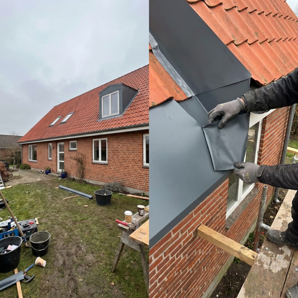 overlap-tag, roof_chimney, detail, outdoor, tag,skorsten,tagrender,inddækning,tagsten,rygning,vedligehold,reparation, Detalje af blyfri inddækning ved kvist og tegltag., på et lavt parcelhus hvor arbejdet kan ses fra haven., dansk bolig, håndværk, renovering, vedligeholdelse, pris, tilbud, roof_chimney, detail, outdoor, tag,skorsten,tagrender,inddækning,tagsten,rygning,vedligehold,reparation