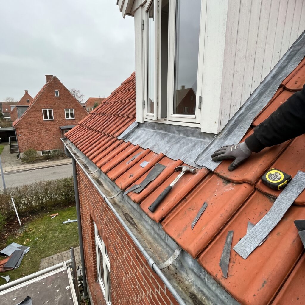 overlap-tag, roof_chimney, detail, outdoor, tag,skorsten,tagrender,inddækning,tagsten,rygning,vedligehold,reparation, Detalje af blyfri inddækning ved kvist og tegltag., på et hus med kvist, tagrende og almindelig dansk taghældning., dansk bolig, håndværk, renovering, vedligeholdelse, pris, tilbud, roof_chimney, detail, outdoor, tag,skorsten,tagrender,inddækning,tagsten,rygning,vedligehold,reparation