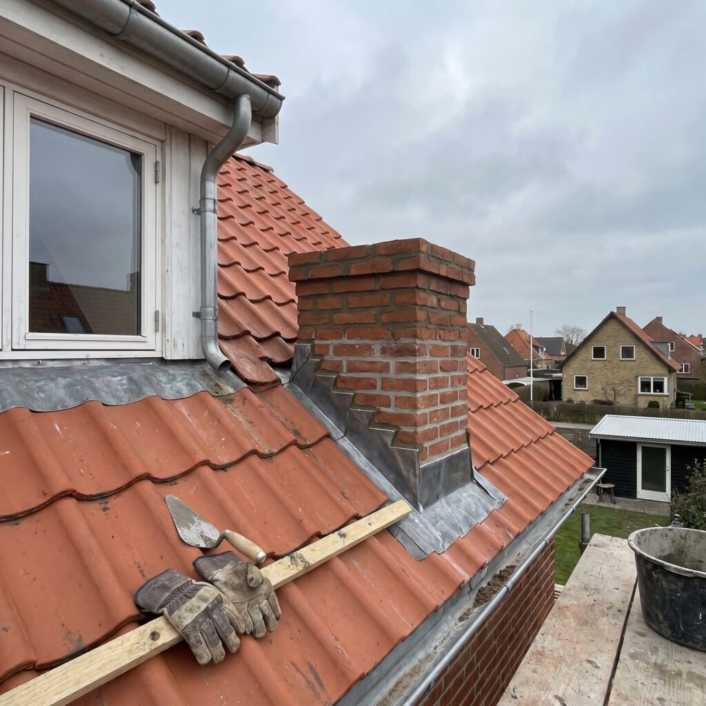 overlap-tag, roof_chimney, detail, outdoor, tag,skorsten,tagrender,inddækning,tagsten,rygning,vedligehold,reparation, Nærbillede af tagsten, inddækning og fuge omkring en muret skorsten., på et hus med kvist, tagrende og almindelig dansk taghældning., dansk bolig, håndværk, renovering, vedligeholdelse, pris, tilbud, roof_chimney, detail, outdoor, tag,skorsten,tagrender,inddækning,tagsten,rygning,vedligehold,reparation