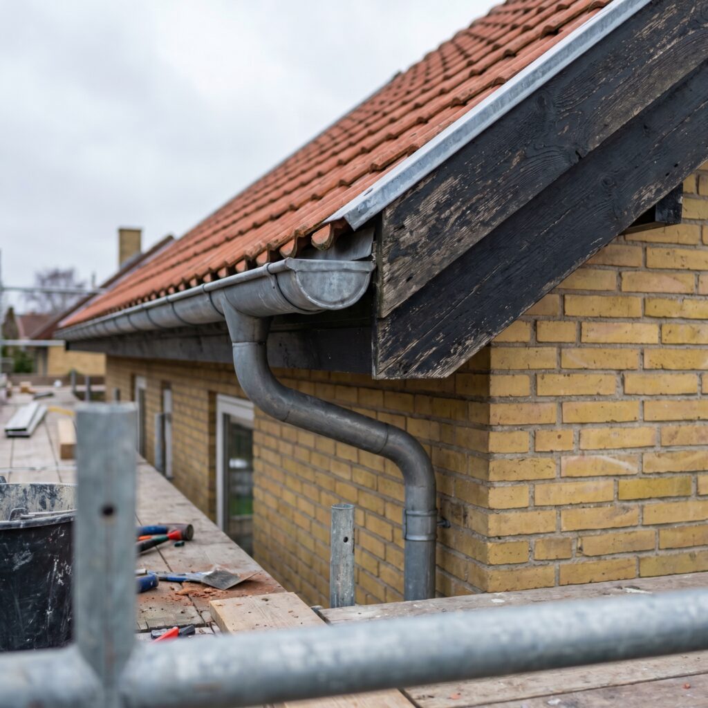 overlap-tag, roof_chimney, detail, outdoor, tag,skorsten,tagrender,inddækning,tagsten,rygning,vedligehold,reparation, Detalje af tagrende, nedløb og sternbræt på dansk parcelhus., på et rødt tegltag i et dansk villakvarter., dansk bolig, håndværk, renovering, vedligeholdelse, pris, tilbud, roof_chimney, detail, outdoor, tag,skorsten,tagrender,inddækning,tagsten,rygning,vedligehold,reparation