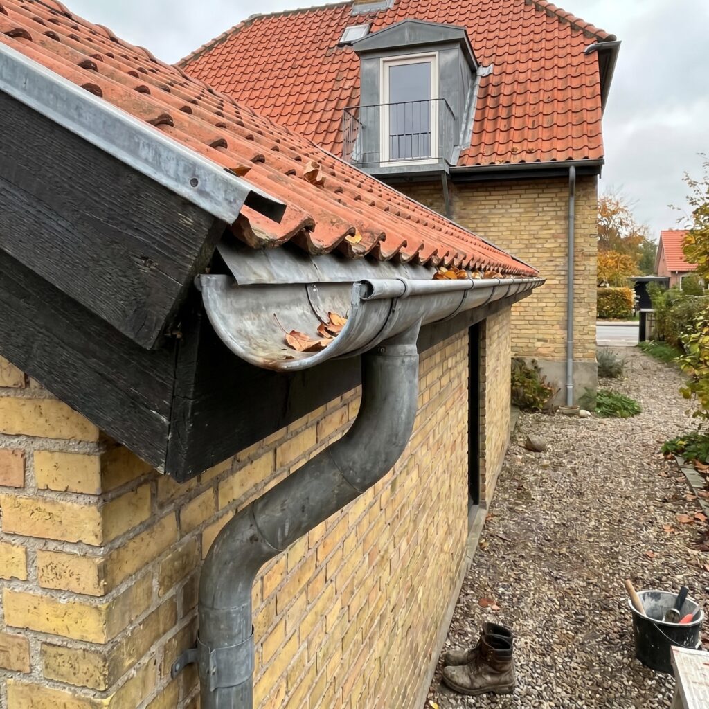 overlap-tag, roof_chimney, detail, outdoor, tag,skorsten,tagrender,inddækning,tagsten,rygning,vedligehold,reparation, Detalje af tagrende, nedløb og sternbræt på dansk parcelhus., på et hus med kvist, tagrende og almindelig dansk taghældning., dansk bolig, håndværk, renovering, vedligeholdelse, pris, tilbud, roof_chimney, detail, outdoor, tag,skorsten,tagrender,inddækning,tagsten,rygning,vedligehold,reparation