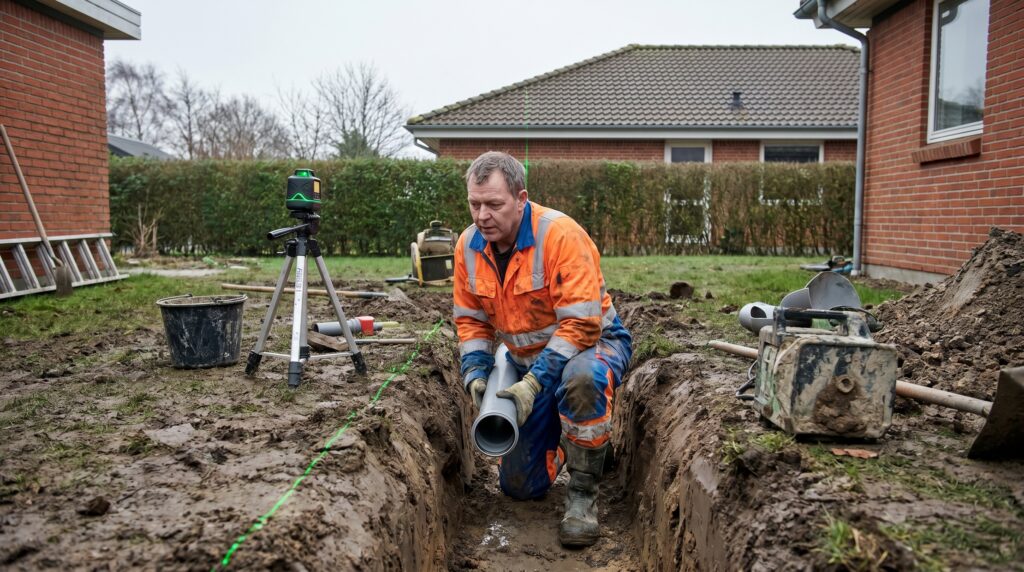 overlap-kloak-jord, sewer_groundwork, work, outdoor, kloak,afløb,brønd,dræn,udgravning,jordarbejde,faskine,regnvand, Kloakmester arbejder i smal udgravning med rør og laserlinje., ved et dansk parcelhus., dansk bolig, håndværk, renovering, vedligeholdelse, pris, tilbud, sewer_groundwork, work, outdoor, kloak,afløb,brønd,dræn,udgravning,jordarbejde,faskine,regnvand