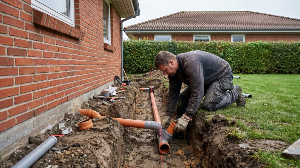 overlap-kloak-jord, sewer_groundwork, work, outdoor, kloak,afløb,brønd,dræn,udgravning,jordarbejde,faskine,regnvand, Kloakmester arbejder i smal udgravning med rør og laserlinje., langs en sokkel med hæk og græsplæne., dansk bolig, håndværk, renovering, vedligeholdelse, pris, tilbud, sewer_groundwork, work, outdoor, kloak,afløb,brønd,dræn,udgravning,jordarbejde,faskine,regnvand