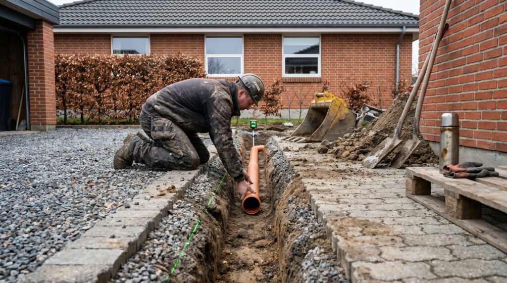 overlap-kloak-jord, sewer_groundwork, work, outdoor, kloak,afløb,brønd,dræn,udgravning,jordarbejde,faskine,regnvand, Kloakmester arbejder i smal udgravning med rør og laserlinje., i en indkørsel med grus og belægning., dansk bolig, håndværk, renovering, vedligeholdelse, pris, tilbud, sewer_groundwork, work, outdoor, kloak,afløb,brønd,dræn,udgravning,jordarbejde,faskine,regnvand