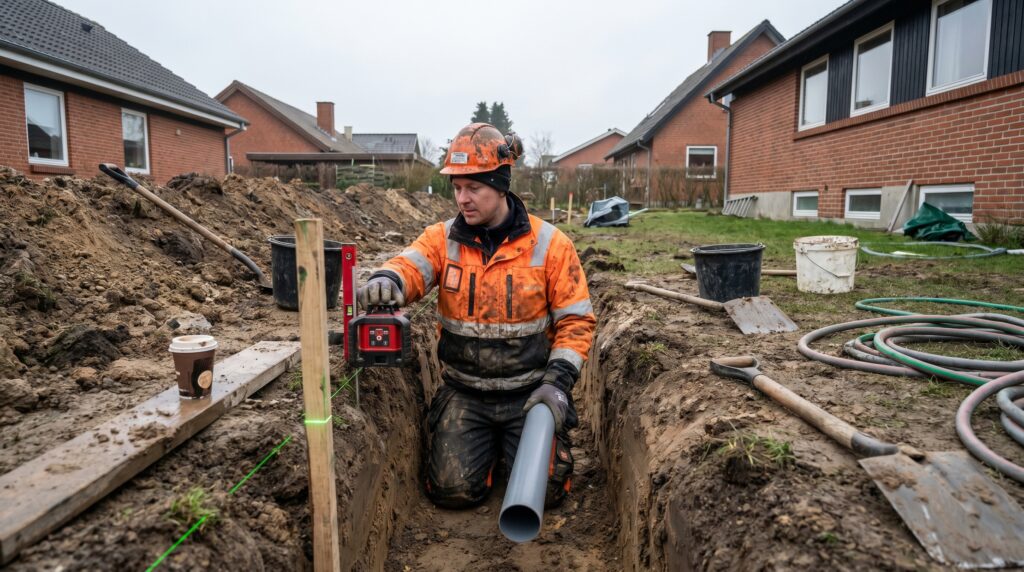 overlap-kloak-jord, sewer_groundwork, work, outdoor, kloak,afløb,brønd,dræn,udgravning,jordarbejde,faskine,regnvand, Kloakmester arbejder i smal udgravning med rør og laserlinje., i en baghave under almindeligt jordarbejde., dansk bolig, håndværk, renovering, vedligeholdelse, pris, tilbud, sewer_groundwork, work, outdoor, kloak,afløb,brønd,dræn,udgravning,jordarbejde,faskine,regnvand