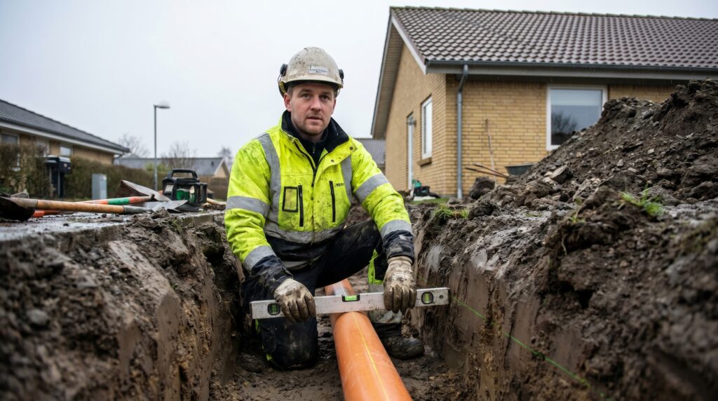 overlap-kloak-jord, sewer_groundwork, work, outdoor, kloak,afløb,brønd,dræn,udgravning,jordarbejde,faskine,regnvand, Kloakmester arbejder i smal udgravning med rør og laserlinje., i gråvejr med realistisk våd jord., dansk bolig, håndværk, renovering, vedligeholdelse, pris, tilbud, sewer_groundwork, work, outdoor, kloak,afløb,brønd,dræn,udgravning,jordarbejde,faskine,regnvand